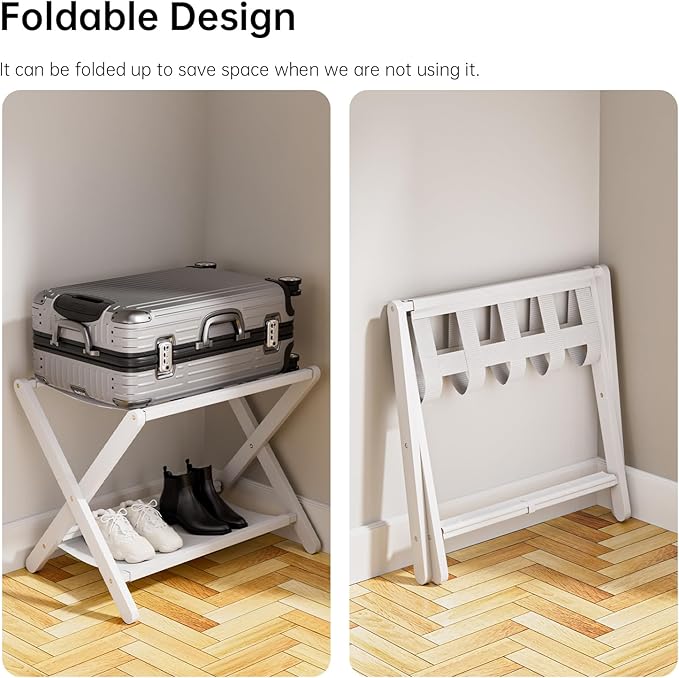 HITNET White Luggage Rack, Set of 2, Folding Suitcase Stand with Storage Shelf, Bamboo Luggage Holder with 5 Nylon Straps for Guest Room Bedroom Hotel