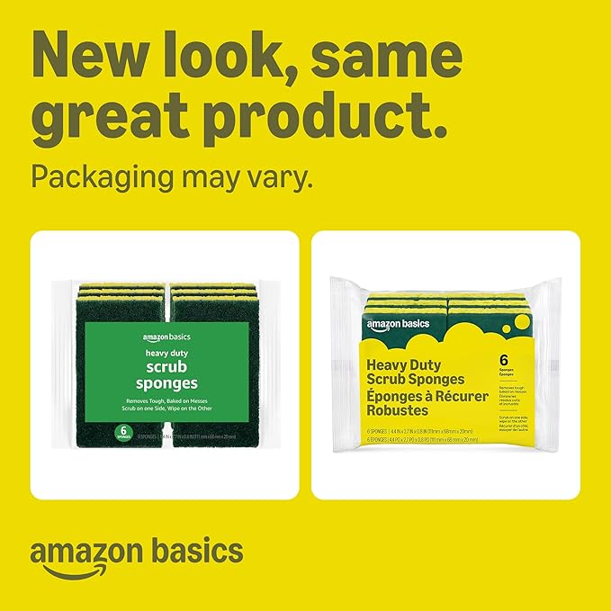 Amazon Basics Heavy Duty Scrub Sponges, Dual-Sided Design, Yellow/Green, 6-Pack, Packaging may vary