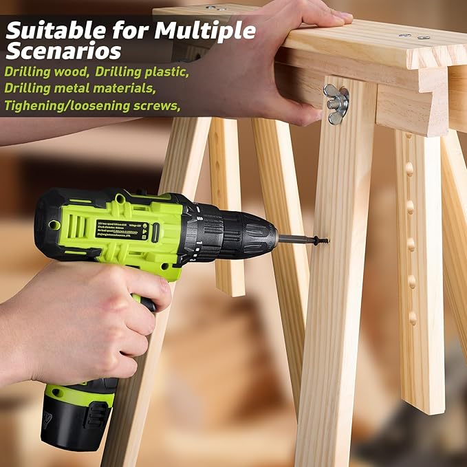 Cordless Drill: 12V Power Drill Set with Lithium Battery, 142-Piece Electric Tools Set with 3/8" Keyless Chuck, Portable Household Basic Tool Kit with Tool Box & Laser Level for Home, Green