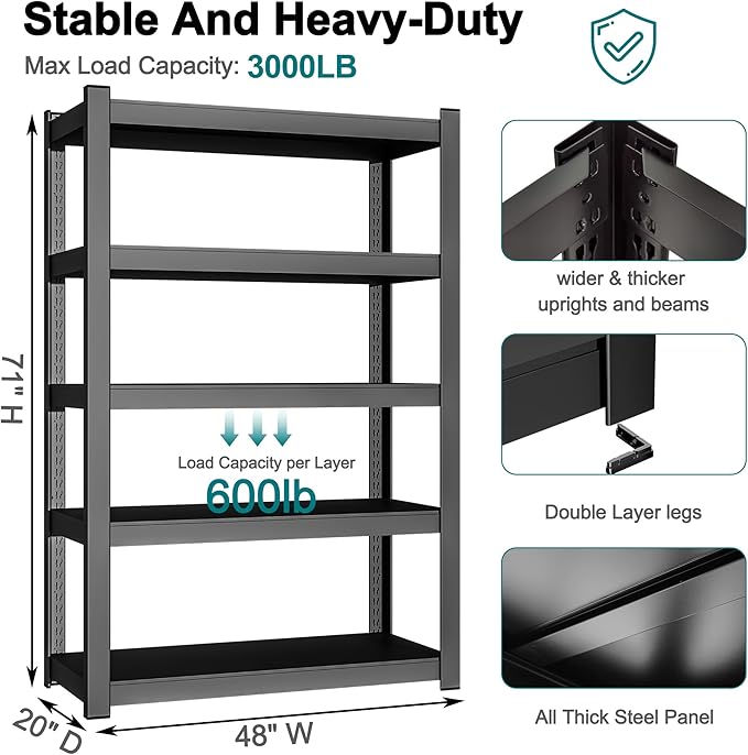 47" W Heavy-Duty Metal Storage Shelving, 5-Tier 3000 LBS Garage Shelves Unit, 71" H Ajustable Industrial Shelf for Garage, Warehouse, Home, Kitchen, Pantry, Office, Black