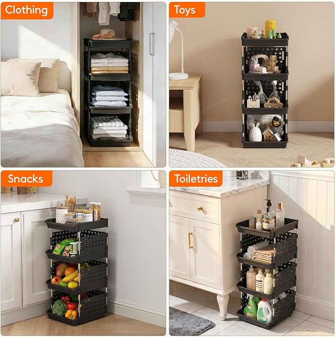 Lifewit Plastic Stackable Storage Baskets, 4 Tier Stacking Bins for Food and Clothes, Multifunctional Organizer for RV, Kitchen, Playroom, Pantry, Black, 35 x 30 x 72 cm/14 x 12 x 28 inch, 2 Pack