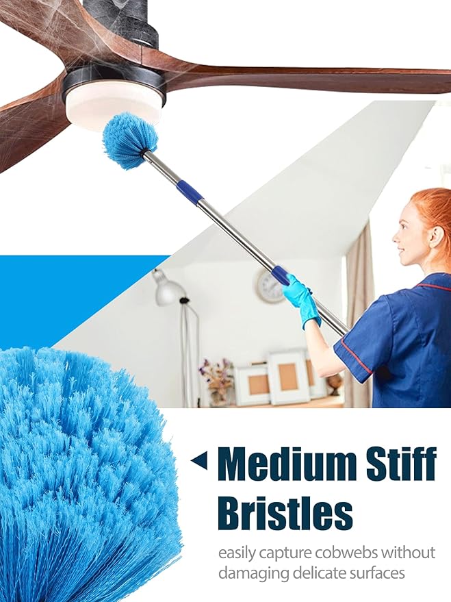 Cobweb Duster with Extension Pole, 10 ft Spider Web Brush for Outdoor House Cleaning, Cob Web Remover for High Ceilings Fans, Medium-Stiff Bristles Head, Adjustable Long Handle, Lightweight Cleaner