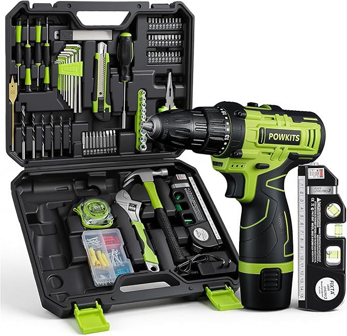 Cordless Drill: 12V Power Drill Set with Lithium Battery, 142-Piece Electric Tools Set with 3/8" Keyless Chuck, Portable Household Basic Tool Kit with Tool Box & Laser Level for Home, Green