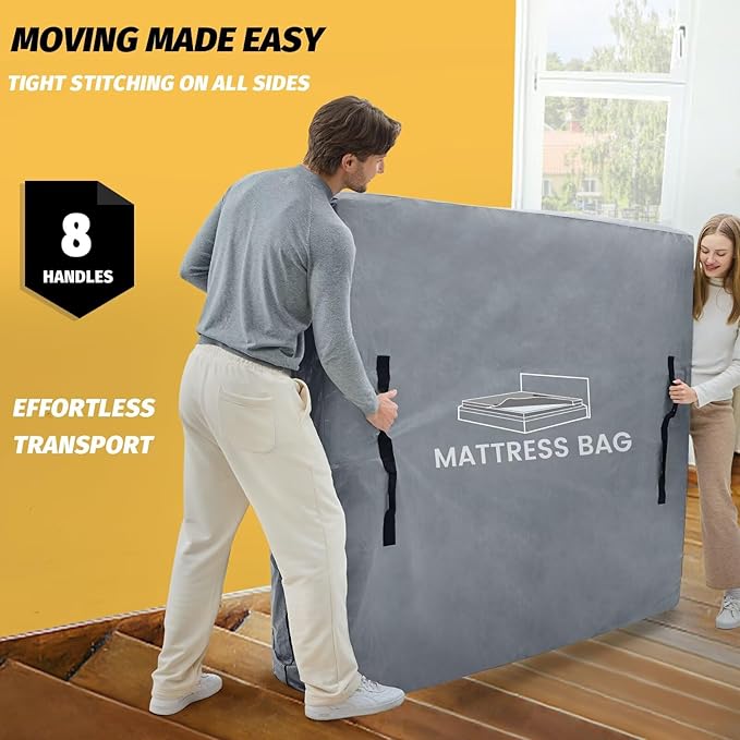 Mattress Bags for Moving and Storage, BETU Waterproof Mattress Protector Full XL Mattress Cover with 8 Heavy Duty Handles and Zipper Extra Thick Moving Supplies for Bed (2 Pack:82x57x13.5 Grey)