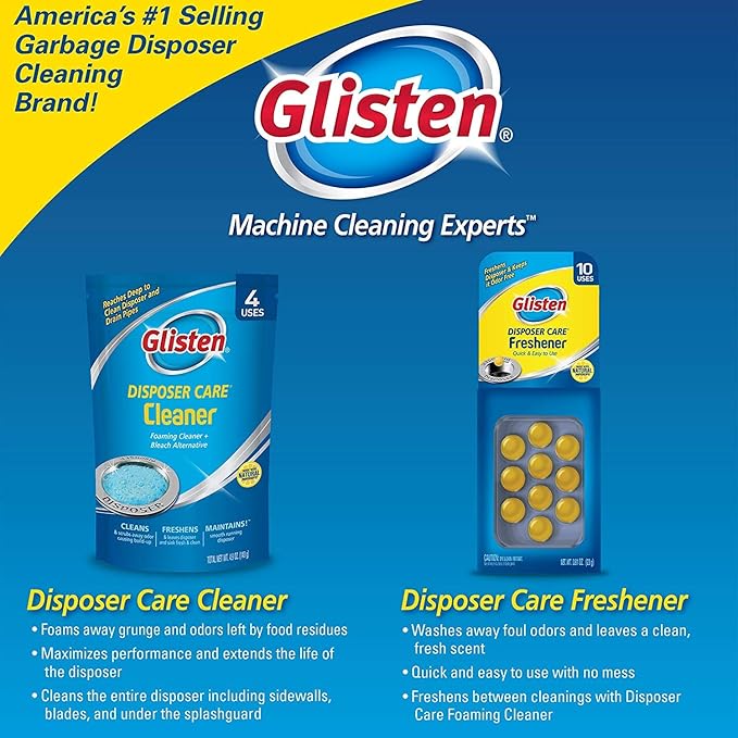 Glisten Garbage Disposal Cleaner and Odor Eliminator with Foaming Action, Removes Buildup and Cleans, Lemon Scent, 4 Uses