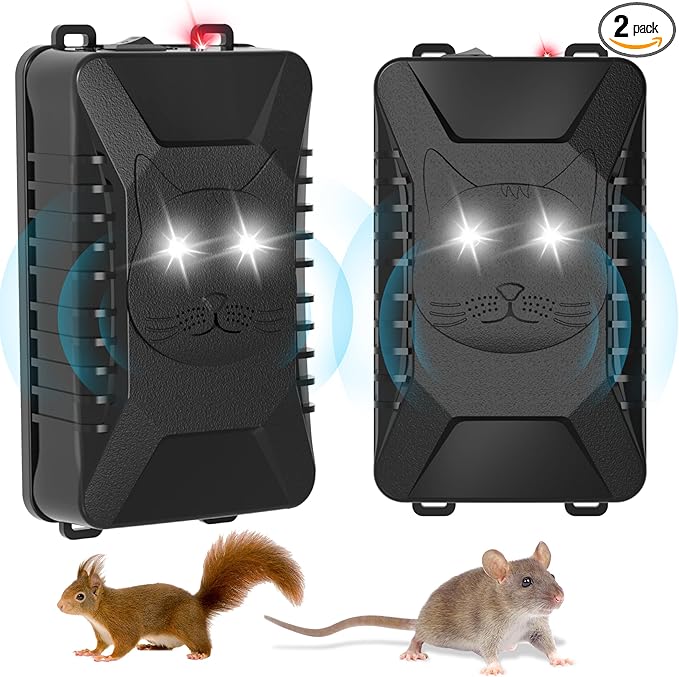 2 Pack Ultrasonic Rodent Repellent for Car Engines - Battery Operated Car Mouse Repellent Under Hood with Strobe Light, Keep Mice Away from Car Engines, Room, Indoors, Outdoors