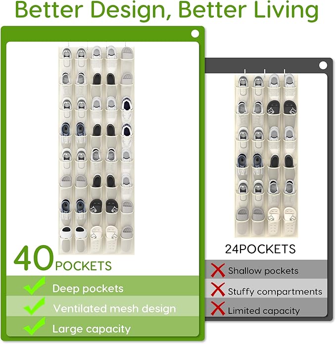 Unjumbly Over the Door Shoe Organizer with 40 Large Breathable Mesh Pockets, Space Saving Shoe Holder, Hanging Shoe Rack for Entryway Bedroom Closet Storage (Beige, 40 Pockets)