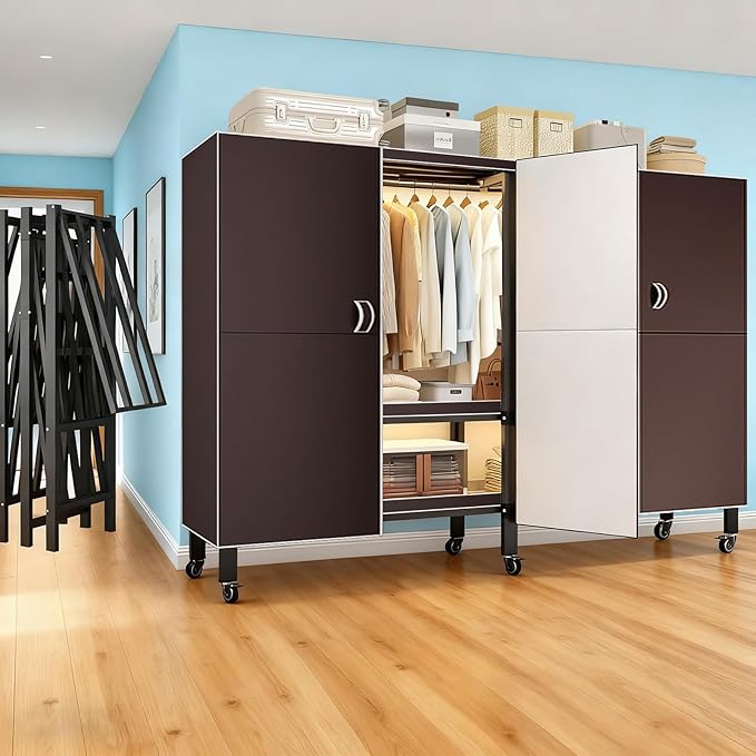 Foldable Portable Armoire Wardrobe Closet for Hanging Clothes Rack, Heavy Duty Covered Clothes Rack with Cover(HARDBOARD Magnetic), Closet Garment Rack for Bedroom Storage (KT Coffee, 70.86in)