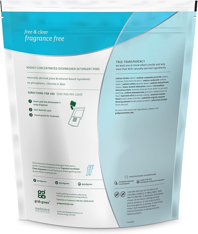 Grab Green Natural Dishwasher Detergent Pods, Free & Clear/Unscented, 60 Count, Fragrance Free, Organic Enzyme-Powered, Plant & Mineral-Based