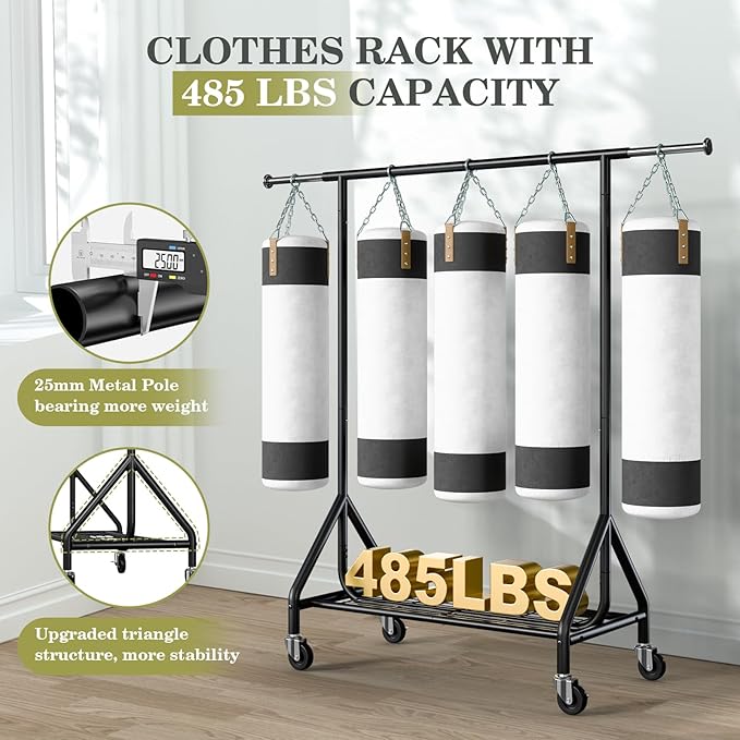 Holiwei Clothes Rack Load 450 LBS, Heavy Duty Garment Rack, Standing Rolling Metal Hanging Clothes with Sturdy Wheels & Shelves, Black