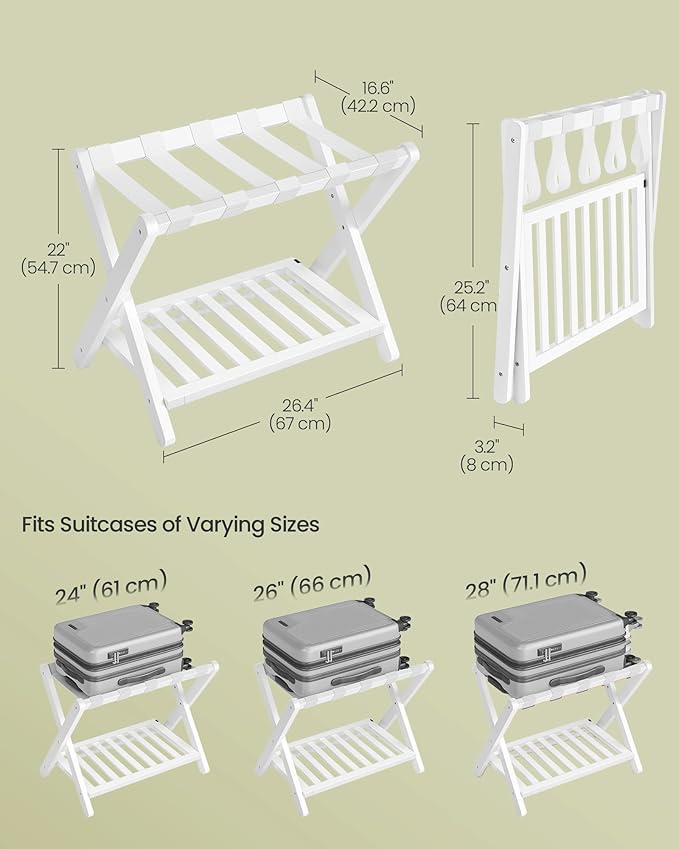 SONGMICS Solid Wood Luggage Racks, Set of 2, No Assembly Required, Foldable Suitcase Stand, Luggage Holder, with Storage Shelf, for Guest Room, Hotel, Bedroom, Cloud White URLR021W01
