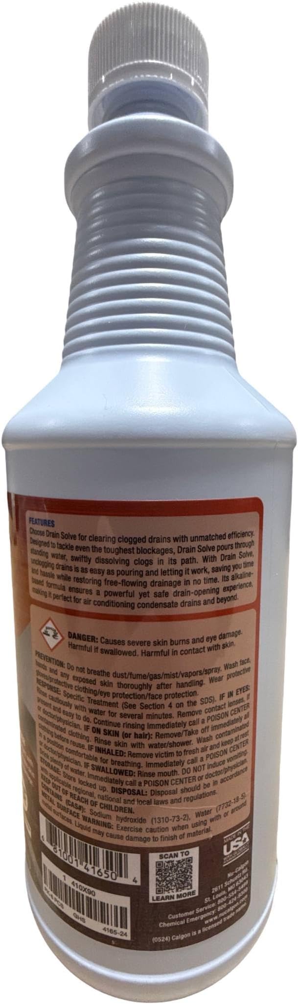 Nu-Calgon 4165-24 Drain Solve Alkaline Cleaner – 1 Qt HVAC Condensate Line & Kitchen Plumbing Clog Remover, Non-Fuming Formula, NSF Registered