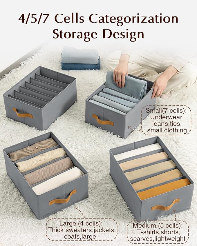 Homsorout Clothes Organizers and Storage - 4/5/7 Grids Fabric Jeans Organizer with Handles, Foldable Closet Organizers Dividers, Wardrobe organizer for Pant, Sweater, T-shirt, Scarf, 3 Pack, Pale Grey