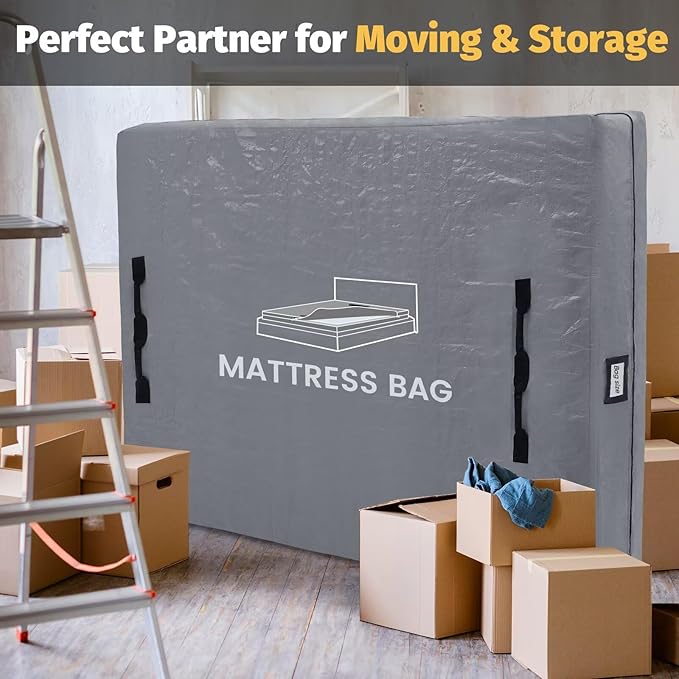 Mattress Bags for Moving and Storage, BETU Waterproof Mattress Protector Full XL Mattress Cover with 8 Heavy Duty Handles and Zipper Extra Thick Moving Supplies for Bed Reusable (82x57x13.5 Grey)