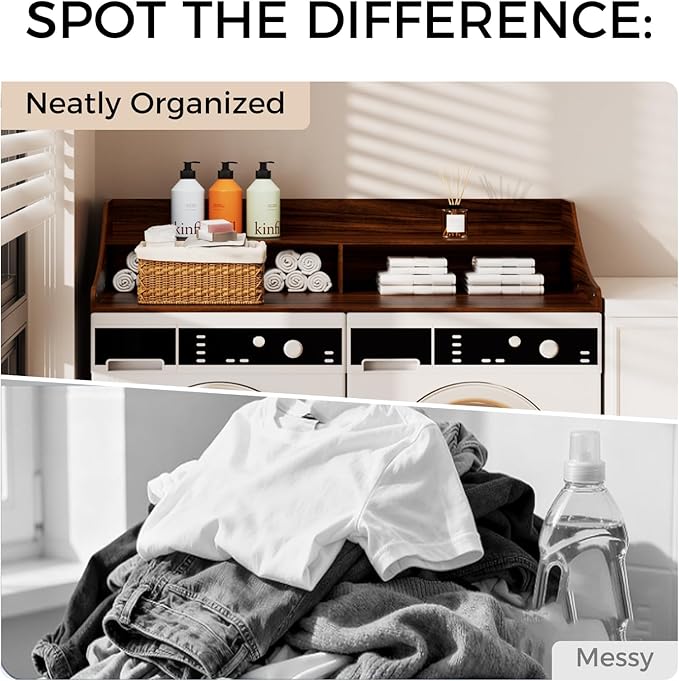 OAKHAM HOME 2-Tier Washer Dryer Topper, 54" x 27.6" Countertop with Storage Shelf & Non-Slip Mat, Laundry Organizer for Folding & Sorting Clothes, Walnut