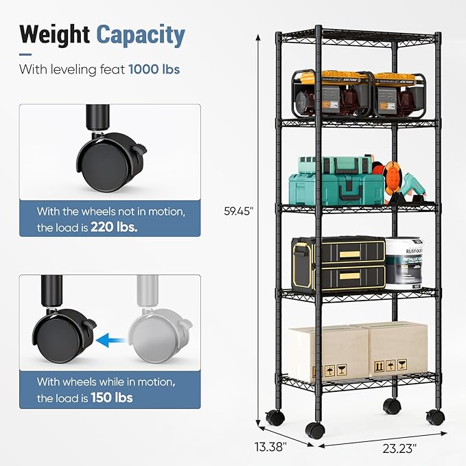 DUMOS 5 Tier Metal Shelving, Heavy Duty Shelves Wire Shelving Unit with Removable Wheel Casters, Shelves Organizer for Bathroom Garage Living Room Kitchen Pantry Laundry Black