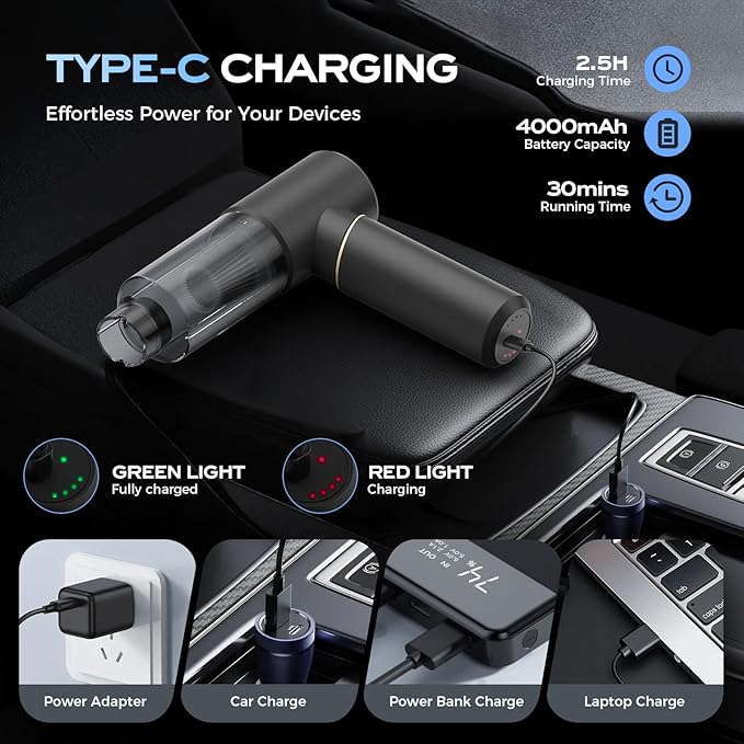 BSRCO Car Vacuum Portable Cordless, Handheld Vacuum Cordless 15Kpa, Hand Vacuum Ultra-Quiet (75dB), 21min Runtime, Lightweight (1.25 lbs) for Car, Pet Hair, Home