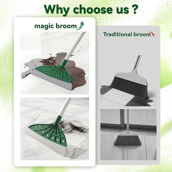 Air Broom, Multifunctional Silicone Broom for Hair, Cat Litter, Crumbs, Liquids Removal on Smooth Floor, Magic Squeegee Broom Comfortable Cleaning for Tile, Bathroom, Includes 2 Broom Heads (Green)
