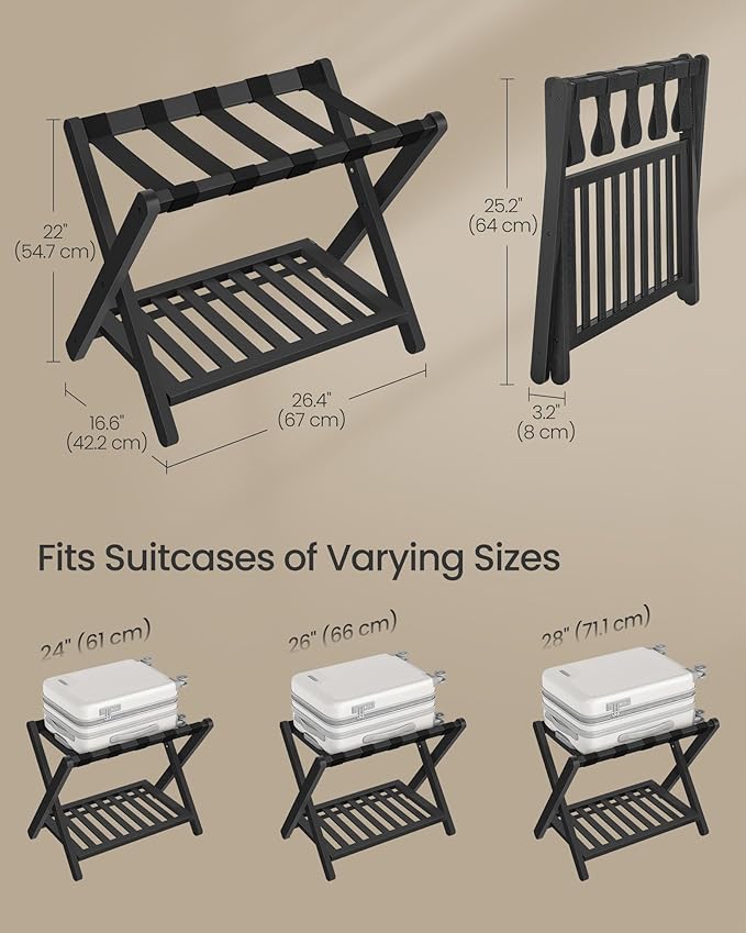 SONGMICS Solid Wood Luggage Rack, No Assembly Required, Foldable Suitcase Stand, Luggage Holder, with Storage Shelf, for Guest Room, Hotel, Bedroom, Ink Black URLR020B02
