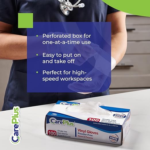 CARE PLUS Latex-Free Vinyl Gloves Clear Medium Size 100 Count | Heavy Duty, Non-Sterile, Powder-Free, Rubber | Food Prep, Kitchen & Cleaning Gloves, Ideal for Professional Use