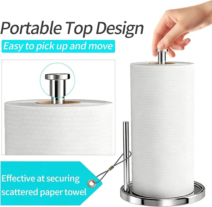 Paper Towel Holder Countertop, Standing Paper Roll Holder with Anti Slip Weighted Base, Stainless Steel Freestanding Paper Towel Holder for Kitchen, Chrome