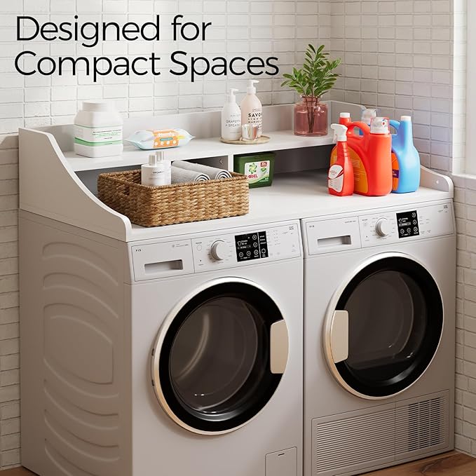 OAKHAM HOME 2-Tier Washer Dryer Countertop, 54" x 27.6" Washer Dryer Topper with Storage Shelf and Non-Slip Pads for Laundry Room Organization, White