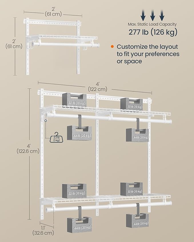 SONGMICS HOME Closet System, Closet Insert Organizer, 2-4 ft, Adjustable Metal Shelving Unit with 4 Hanging Rods, 4 Shelves, and Hooks, for Pantry Mudroom Garage Basement, Cloud White URGR031W01