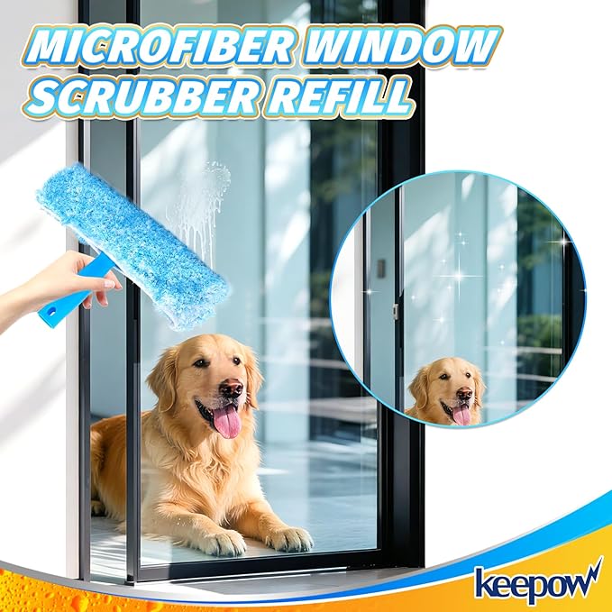 KEEPOW 14" Microfiber Window Scrubber Refill Replacement Compatible with MR.SIGA, Compatible with Ettore Professional Window Cleaning, Reusable & Washable Window Squeegee for Home (2 Pack)