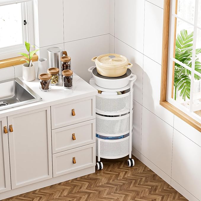 Vegetables Storage Basket, Rotating Storage Shelves Basket Carts Rack Organizer Bin on Rolling Wheels in Kitchen Household for Fruits Grocery Corns Potatos-(3-tier,White)