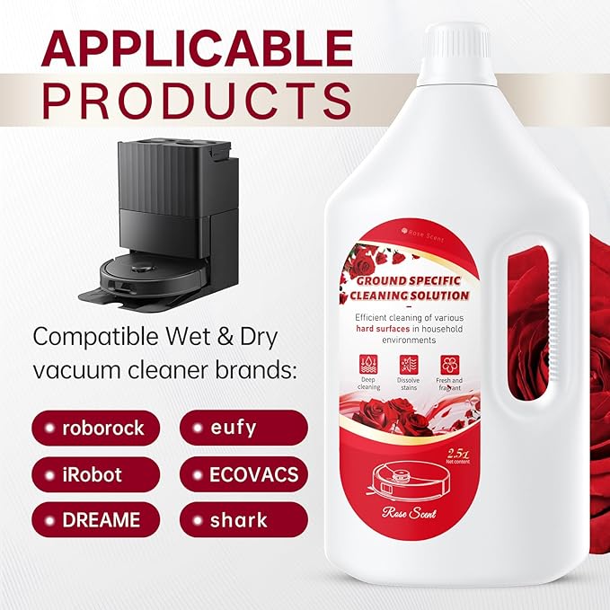 2.5L Floor Cleaning Solution Compatible with Roborock/Eufy/iRobot/Ecovacs/Dreame/Shark, Fragrance Deodorization, Deep Cleans for Multiple Hard Floors (2.5 Liter, 【Rose】)