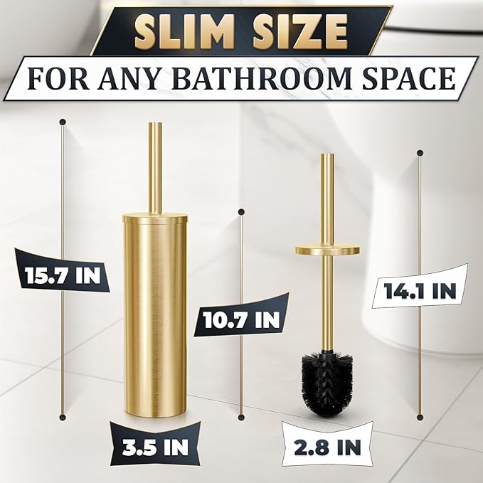 2 PCS Gold Toilet Brush and Holder Set - Brushed Stainless Steel Gold Toilet Bowl Brush and Holder with Replacable Head, Removable Inner Bowl, and Splash Protection - Dense Bristles for Cleaning