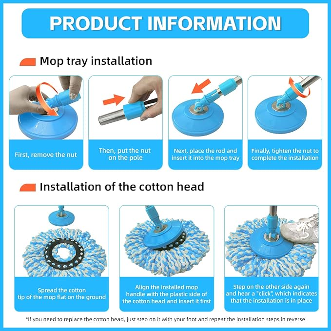 Spin Mop Replacement Handle, 47.6-Inch 360 Degrees Rotating Telescopic Stick with Robust Reinforced Plastic Disc for Bucket Cleaning System (Blue)