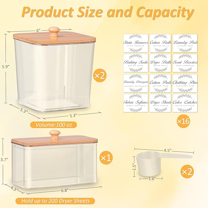 efluky 3 Pack Laundry Pods Container & Dryer Sheet Holder Set, Clear Laundry Room Organization Containers with Bamboo Lids and Labels, Detergent Pods Storage for Scent Booster, Powder
