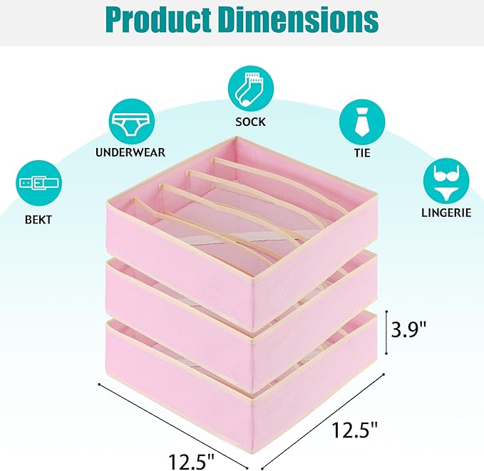 Bra Storage Drawers Organizer for Clothing Underwear Drawer Organizer Dividers Foldable Storage Cube Bins for Bra,Socks, Underwear,3 Pack （Pink）
