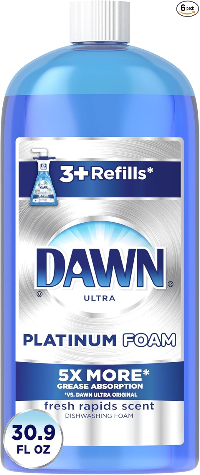 Dawn Dish Soap, Direct Foam Dishwashing Foam, Refill, Fresh Rapids Scent, 30.9 Fluid Oz (Pack of 6)