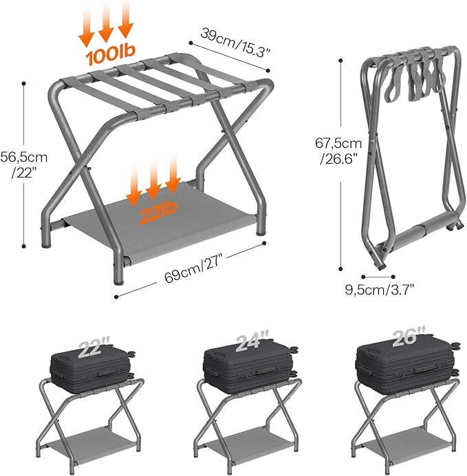 HOOBRO Luggage Rack, Pack of 2, Folding Suitcase Stand with Fabric Storage Shelf for Guest Room, Bedroom, Hotel, Holds up to 100 lb, 27 x 15.3 x 22 Inches, Space Saving, Gray GY04XLP201