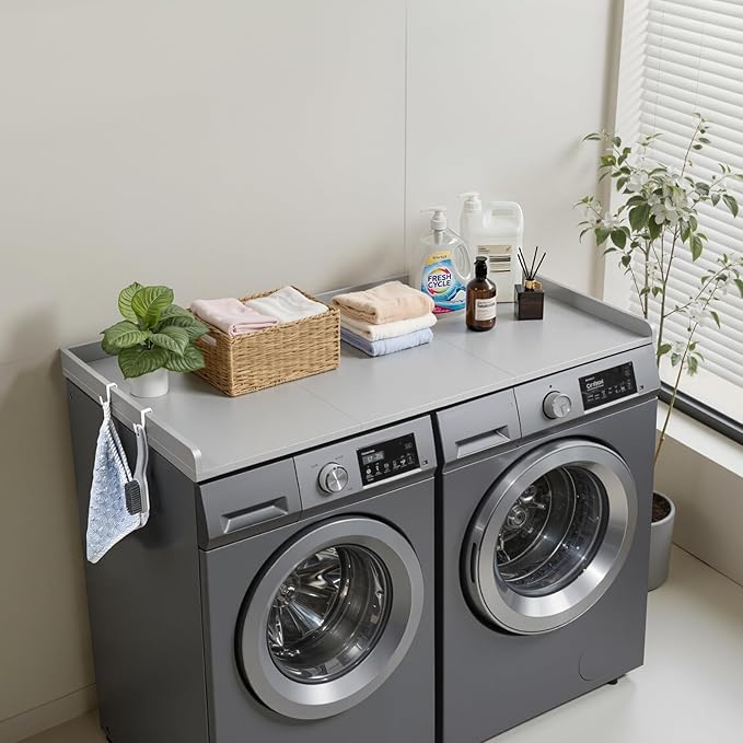 VEVOR Washer Dryer Countertop with 3 Splicing Panels, 54" x 27" Wooden Washer and Dryer Countertop with 2 Hooks, Water-Resistant Laundry Topper for Laundry Room Organization and Storage, Gray