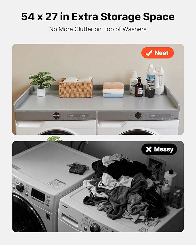 VEVOR Washer Dryer Countertop with 3 Splicing Panels, 54" x 27" Wooden Washer and Dryer Countertop with 2 Hooks, Water-Resistant Laundry Topper for Laundry Room Organization and Storage, Gray