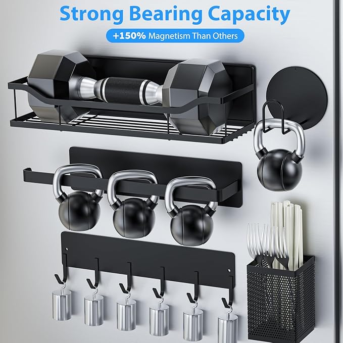 Multifunctional Magnetic Shelf for Washing Machine, Refrigerator, Microwave, and Any Metal Surface, Powerful Magnetic Shelves Include Magnetic Paper Towel Holder, Unique Hollow Design (8 pcs - Black)