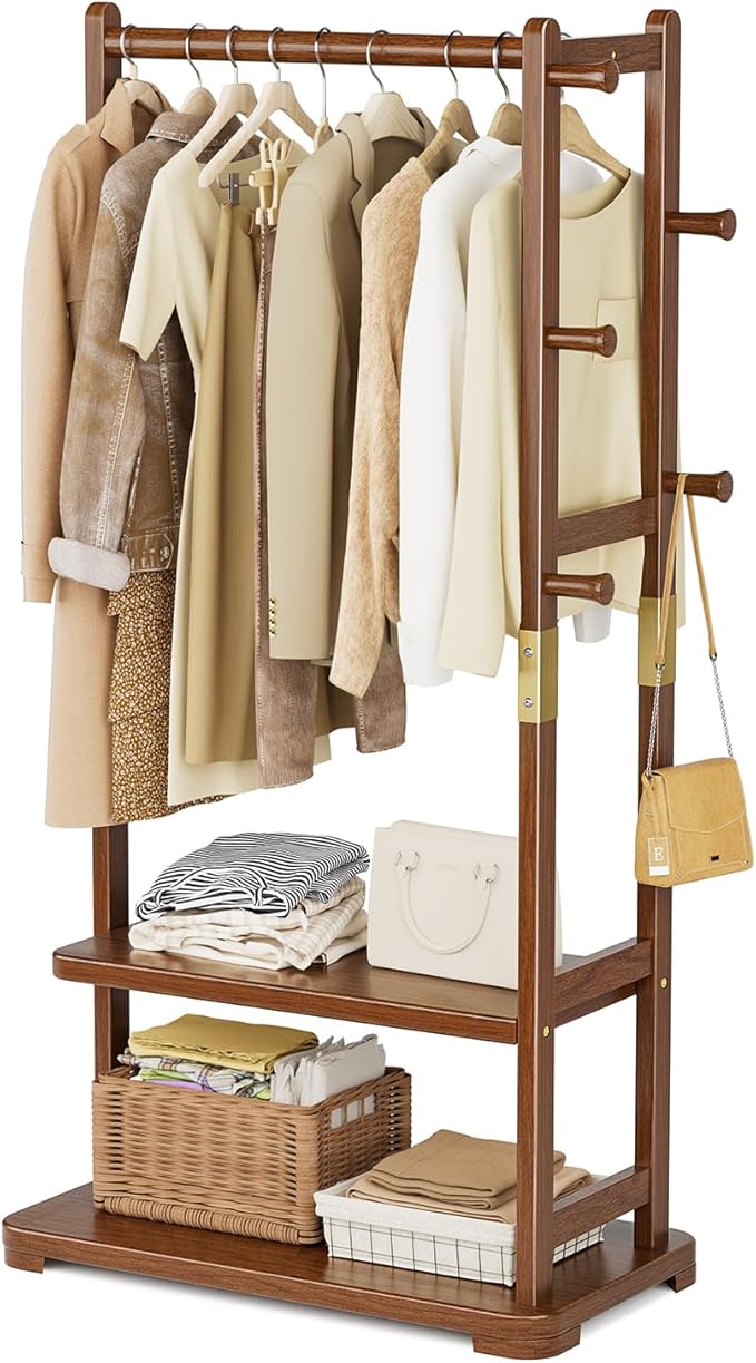 Taitiy Coat Rack Solid Wood Clothes Rack with 2 Shelves & 4 Hooks for Hanging Clothes Garment Wallets Hats, Clothing Rack Heavy Duty Coat Rack Freestanding with Storage Hall Tree for Hallway Bedroom