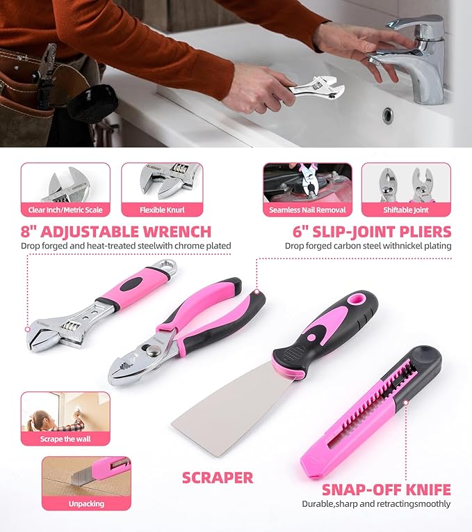 Pink Household Tool Set with 3.6V USB Electric Screwdriver, 136 PCS Home Tool Kit with Cordless Lithium-ion Drill Driver, Hand Tool Kits for Women
