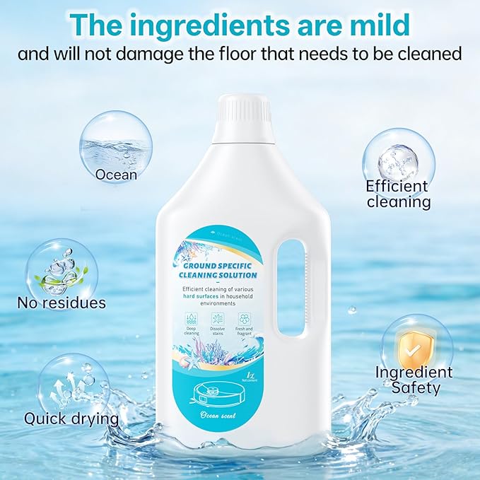 Floor Cleaning Solution Ocean Scent, Compatible with Roborock Cleaning Solution Quick Drying Without Residue Suitable for All Robot Vacuums and Wet Dry Dual-Use Vacuum Cleaners (1 L, Ocean)