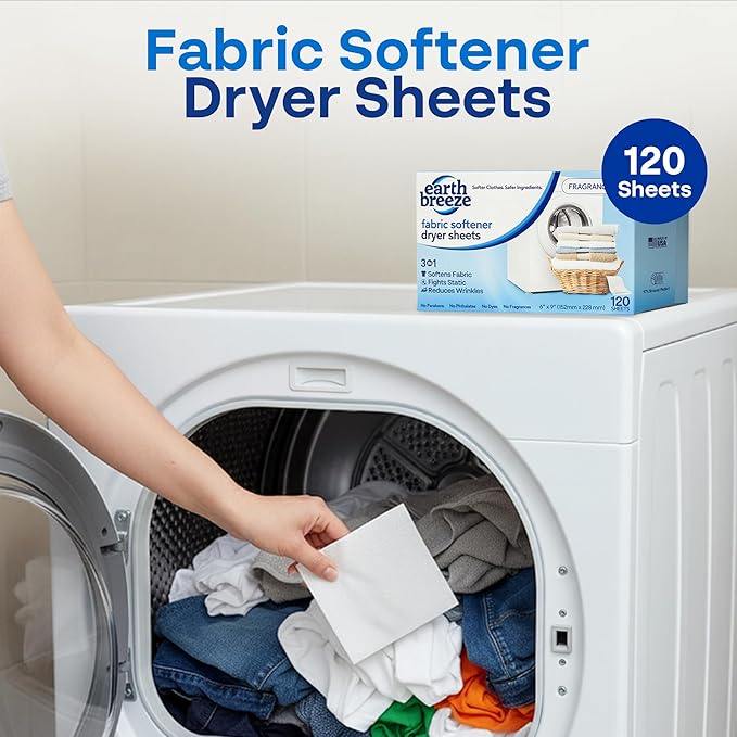 Earth Breeze Fabric Softener Dryer Sheets – Fragrance Free, Hypoallergenic, No Harsh Chemicals, Safe for Sensitive Skin – Static Cling & Wrinkle Reducer – Gentle Fabric Care – Made in USA (1 Pack)
