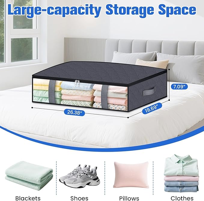 TasticTotes Under Bed Storage Containers, 6 Pack Blanket Storage Bags, Collapsible Storage Bags with Big Zippers, Clear Front, Shoe Storage and Organization for Clothes, Comforter, 60L, Grey