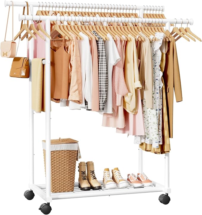 Sakugi Metal Clothes Rack - Double Rod Clothing Rack with Fixed Design and Rolling Wheels, Coat Rack with Built-In Shelf for Closet Organizers and Storage (38.5" x 16.9" x 59.0", White)