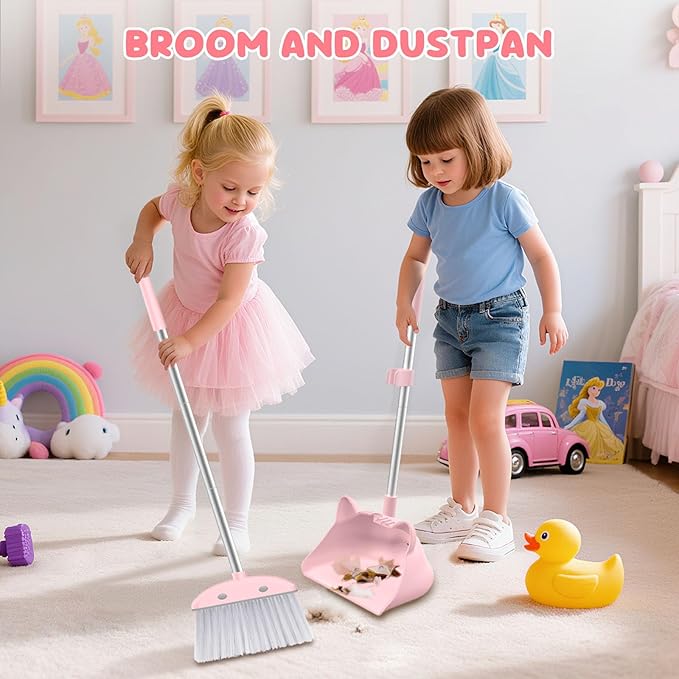 nacena Mini Broom with Dustpan & Mop for Kids, 28-in Handle Kids Brooms and Dustpan Set for Toddlers Cat-Shaped Children Broom and Cleaning Set Boys Girls Small Housekeeping Helper Sets, Pink