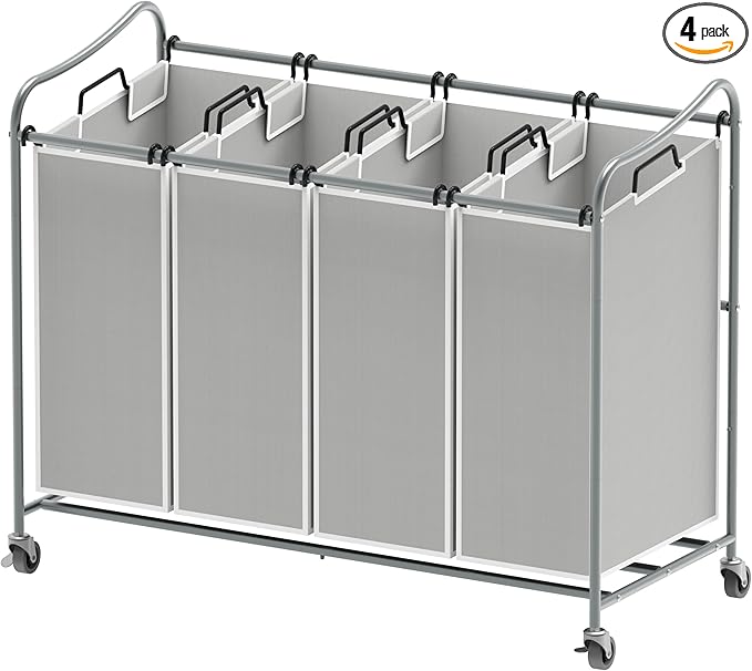 Simple Houseware 4-Bag Heavy Duty Laundry Sorter Rolling Cart, Silver