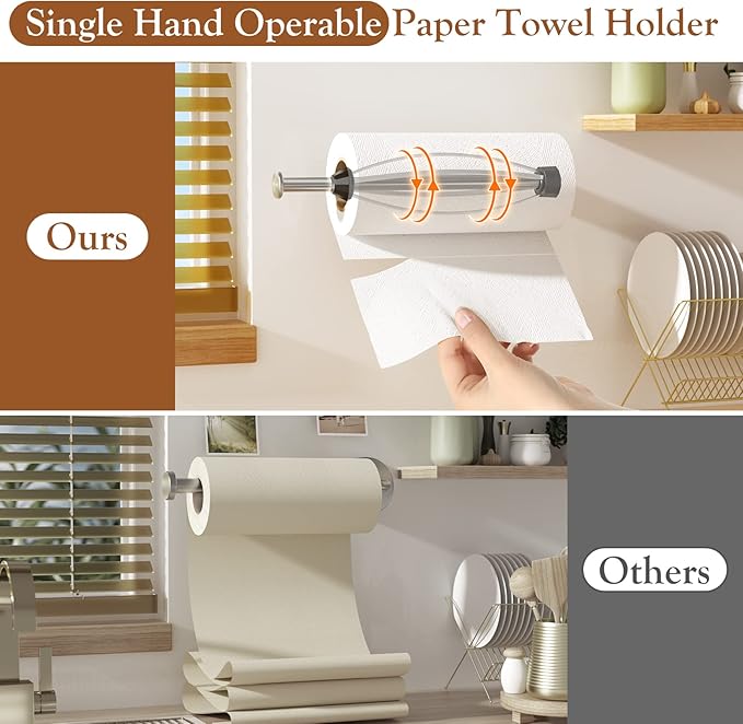 2 Pack Paper Towel Holder Under Cabinet + 2 Towel Robe Hook, Single Hand Operable Under Cabinet Paper Towel Holder, Adhesive Wall Mount Paper Roll Holder for Bathroom Kitchen(Silver)