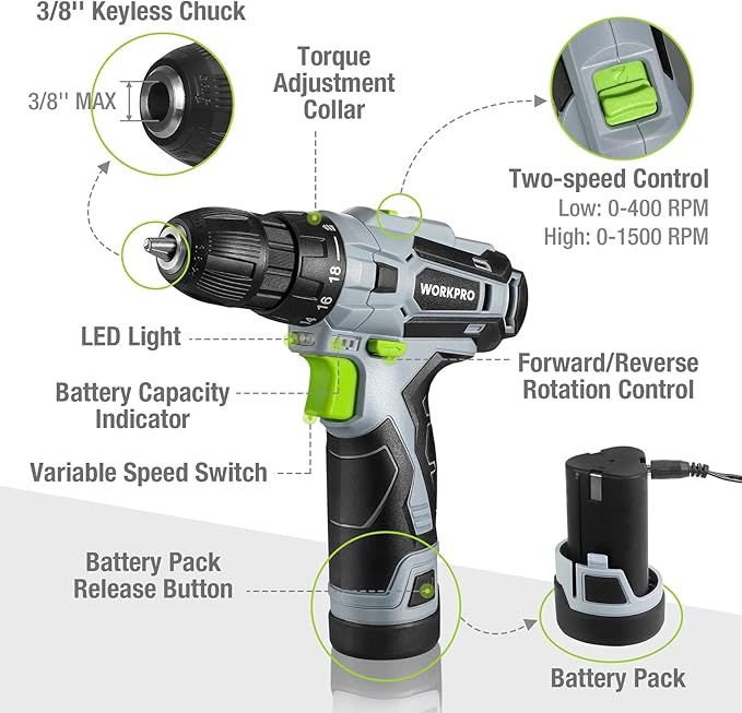 WORKPRO 12V Cordless Drill Driver and Home Tool Kit, Hand Tool Set for DIY, Home Maintenance, 14-inch Storage Bag Included