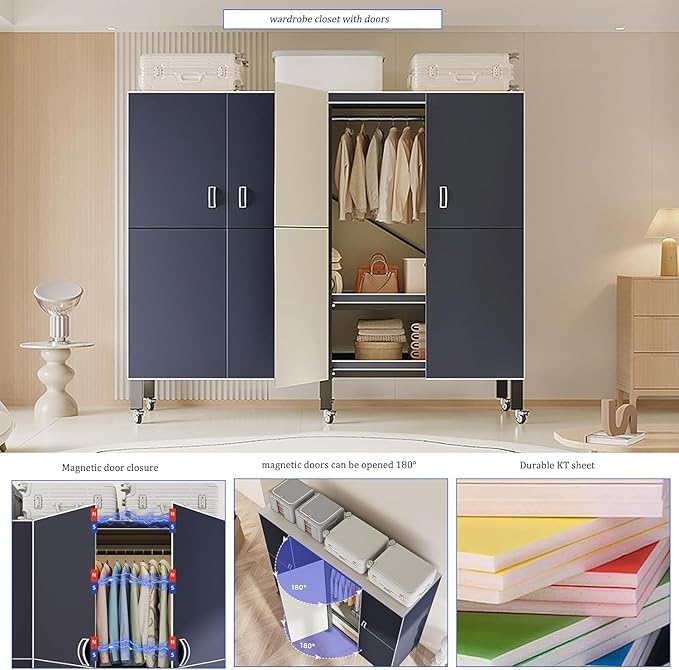 Heavy Duty Covered Clothes Rack with Magnetic Door Foldable Portable Wardrobe Closet for Hanging Clothing Rolling Black Metal Garment Rack on Wheels Closet System (Navy Blue, 74.7in)